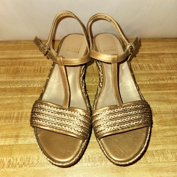 STUART WEITZMAN Metallic Gold Leather Wedge Heels with Platform, size 7M - Picture 2 of 13